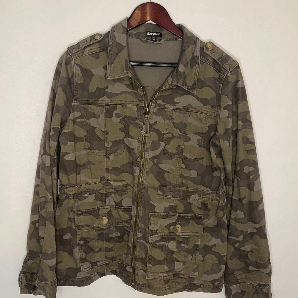 Express Camo Zip Up Green Gray Military Utility Jacket, Women’s Coat Medium EUC